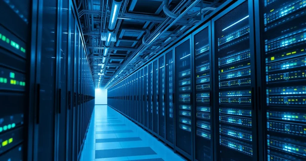Server racks and glowing network cables in a Calgary data centre — AI agents security for local firms