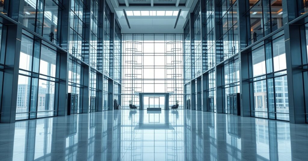 Glass office tower lobby in downtown Calgary — AI automation Calgary for enterprise teams
