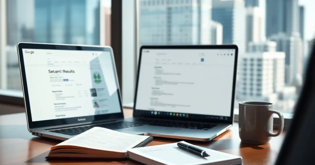Laptop on a wooden desk in a Calgary office — AI Calgary trust and search visibility