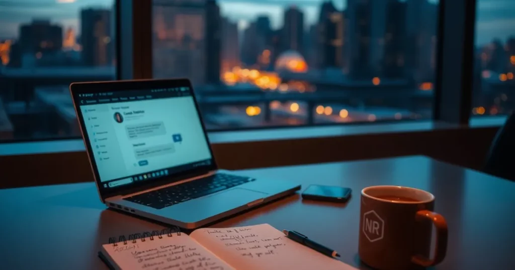 Laptop on a Calgary office desk beside a notebook and coffee — AI automation Calgary for local firms
