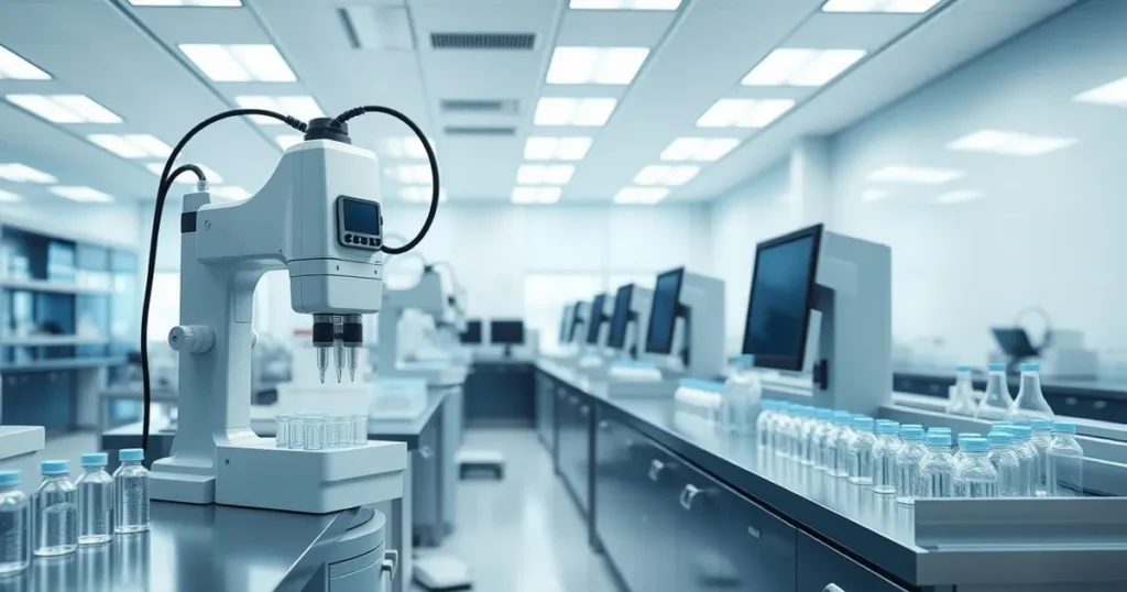 Laboratory glassware and a robotic workstation in a bright research lab — AI automation Calgary for science teams