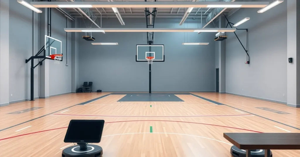 A basketball training lab with a shooting hoop and sensors in a bright gym — AI automation Calgary for local firms