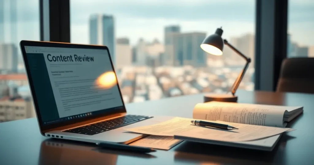 Laptop on a Calgary office desk beside printed documents — AI automation Calgary for trusted content workflows