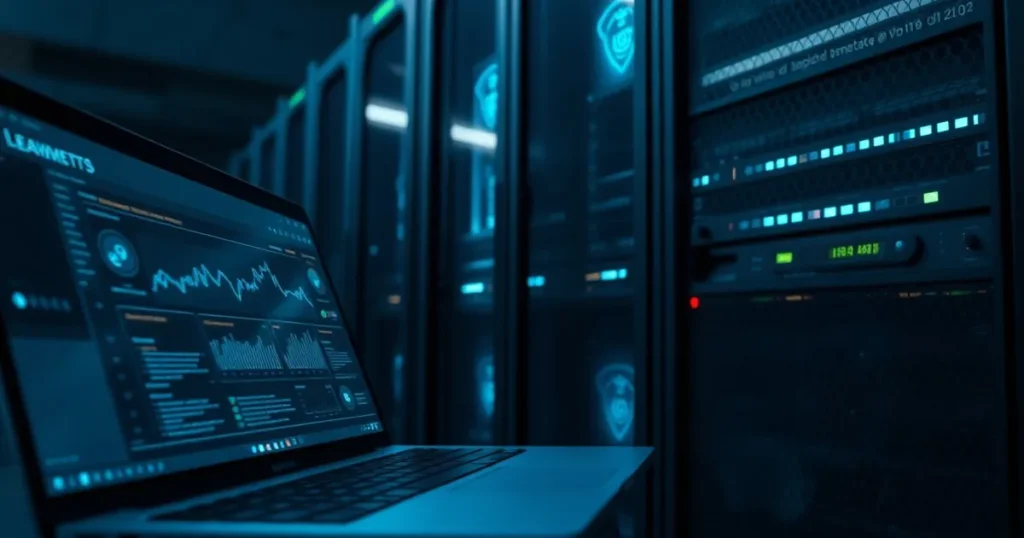 Server room screens and a laptop on a desk in Calgary — AI automation Calgary security risk