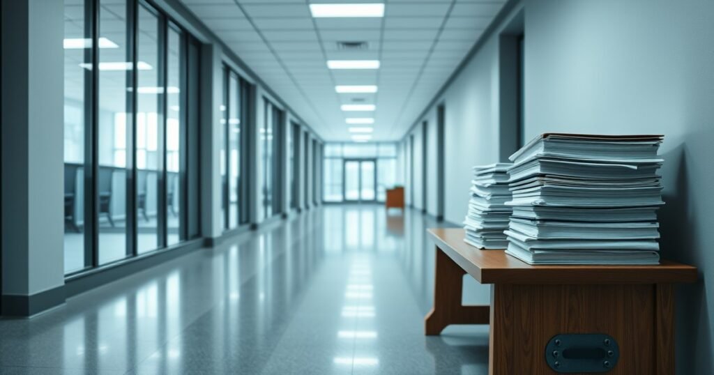 Empty courthouse hallway in Calgary with stacked paper files — AI automation Calgary for legal workflows