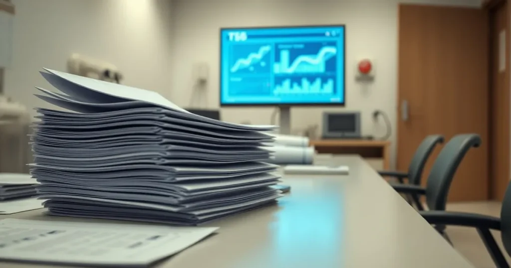 Hospital data screens and genetic reports on a desk — AI for business Calgary in a clinical setting