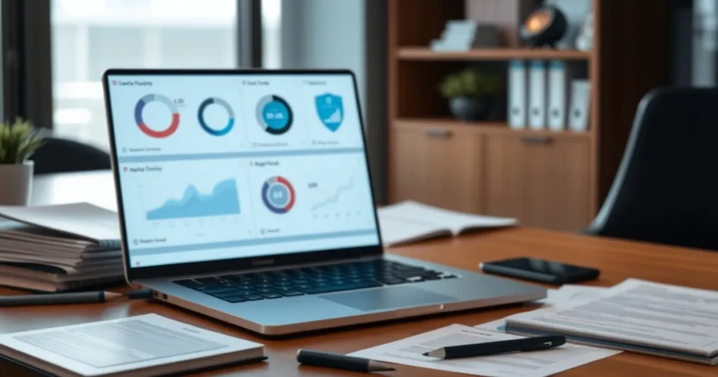 Calgary office desk with a laptop, documents, and a quiet security monitor — AI-powered biodefense for local firms