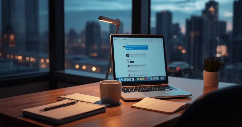 Laptop on a Calgary office desk with an AI dashboard open — AI Calgary in a cautious business setting