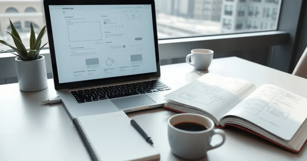 Modern office desk with a laptop, sketchbook, and glowing interface mockups — AI automation Calgary for local firms