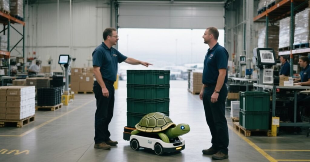Warehouse workers in Calgary beside a moving robot cart — AI automation Calgary in a busy loading area