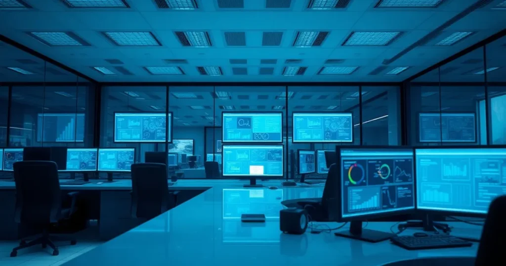 Modern bank lobby with glass walls and laptops on a desk — AI automation Calgary for finance teams