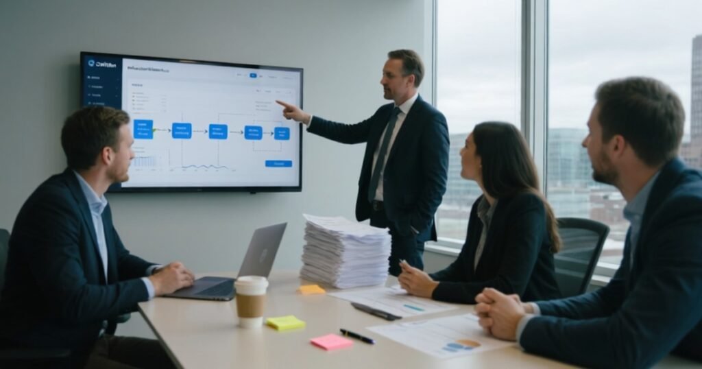 Calgary office workers reviewing printed workflow charts and a laptop screen — AI automation Calgary for local firms