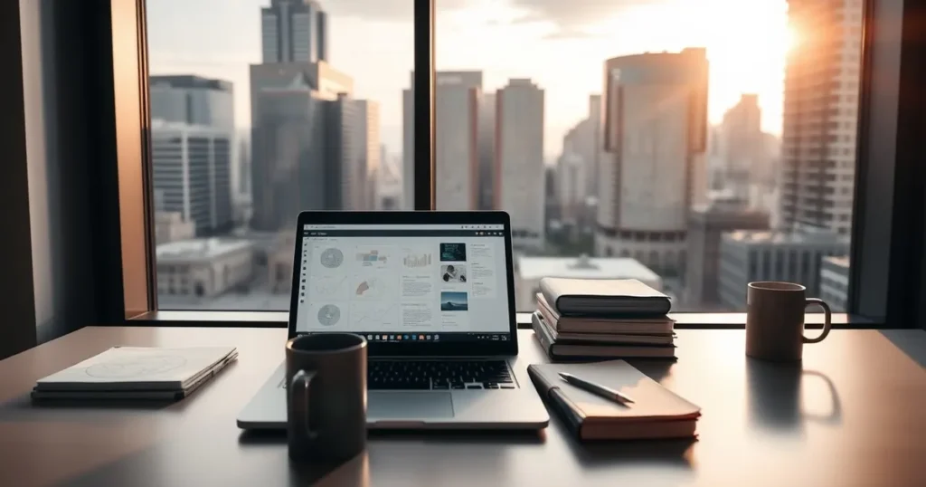 Downtown Calgary office desk with laptop and notebooks — AI automation Calgary for local firms