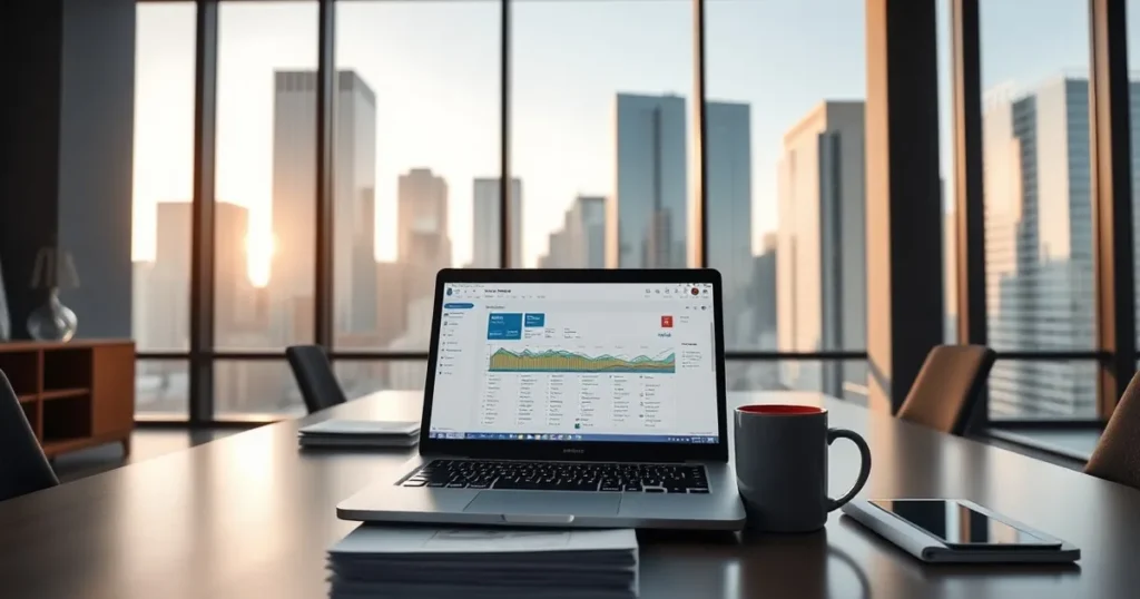 Downtown Calgary office desks with laptops and notebooks — AI automation Calgary for local firms