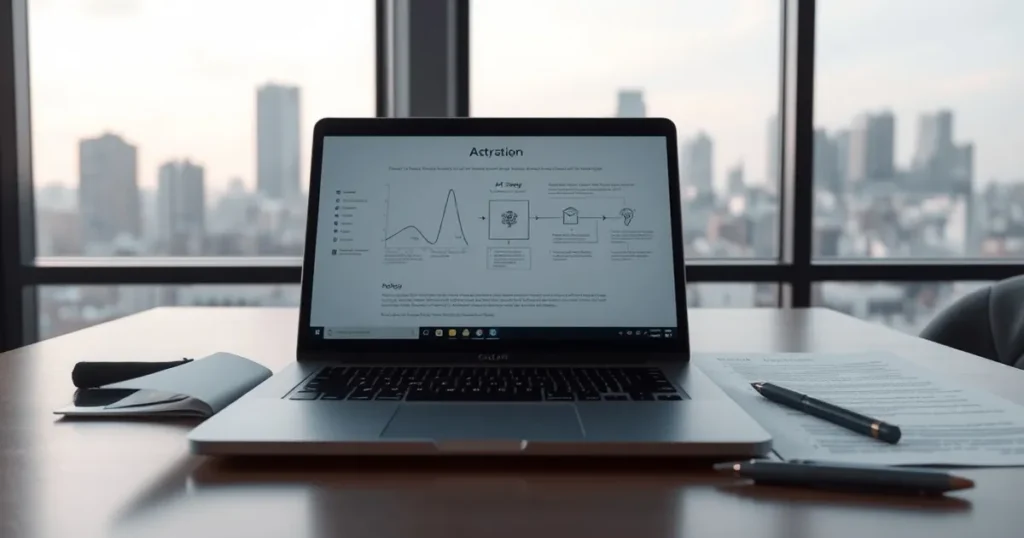 Office desk with laptop and policy documents in a Calgary workspace — AI automation Calgary for local firms