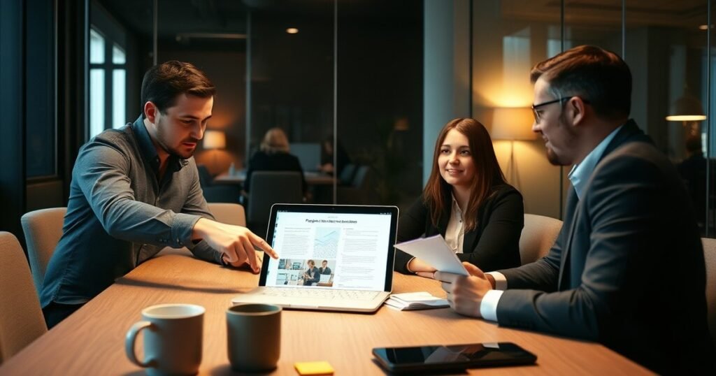 A Calgary office team reviewing a laptop screen — AI automation Calgary for long-running client work