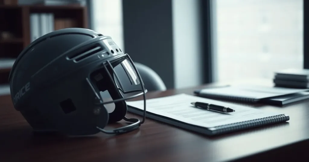 A quiet hockey helmet beside a medical research notebook — AI automation Calgary for local firms