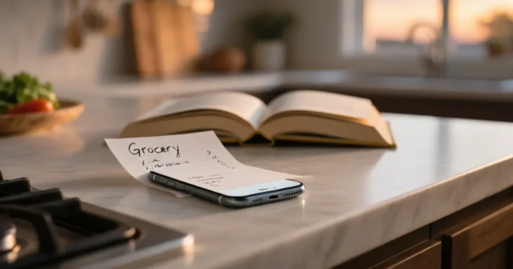 Smartphone on a kitchen counter beside a handwritten grocery list — AI automation Calgary for everyday ordering