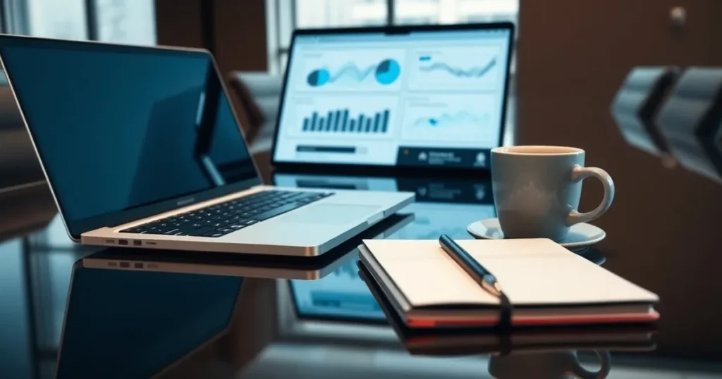 Office dashboard on a laptop beside a notebook in a Calgary boardroom — AI automation Calgary for enterprise spend control