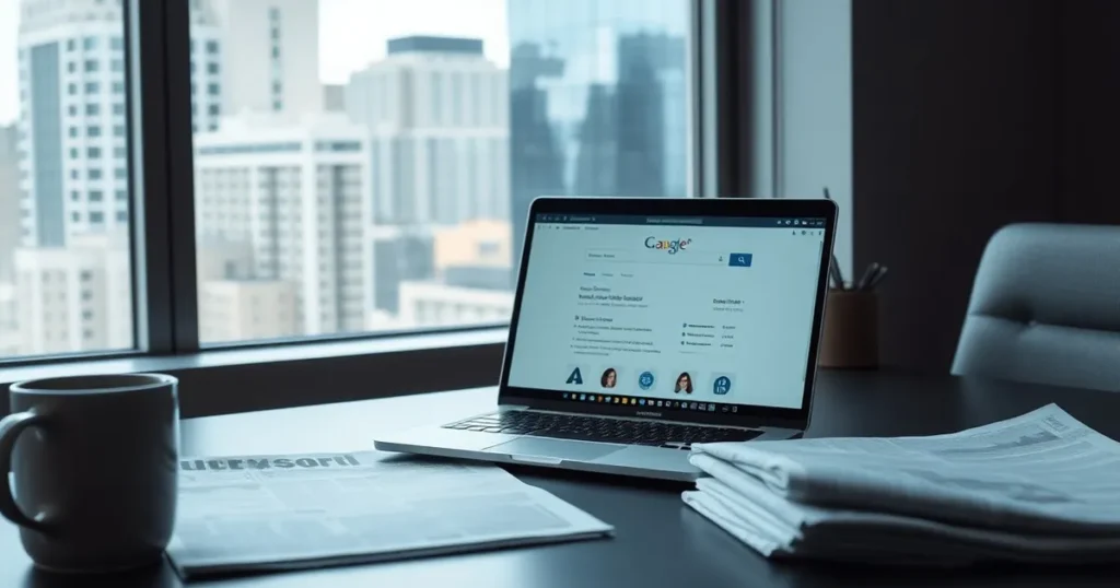 Laptop on a desk beside printed news pages in a Calgary office — Google AI publisher rules for local firms