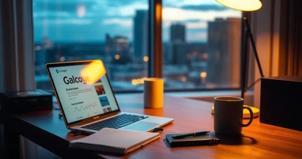 Laptop on a wooden desk beside a coffee mug in a Calgary office — AI automation Calgary for local firms
