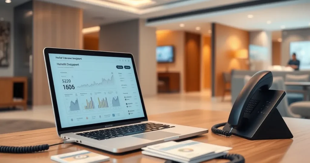 Hotel front desk screens and booking charts in a modern lobby — AI automation Calgary for hospitality pricing