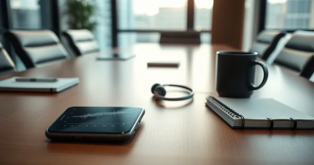 Office headset and smartphone on a meeting table — AI automation Calgary for multilingual business calls