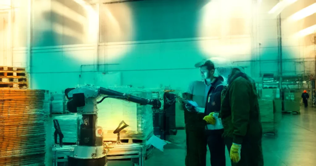 Warehouse workers and a robotics technician inspecting a robot arm in a Calgary industrial shop — AI automation Calgary