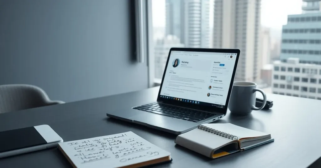 Laptop on a Calgary office desk beside a notebook and coffee cup — AI automation Calgary in a quiet work setting