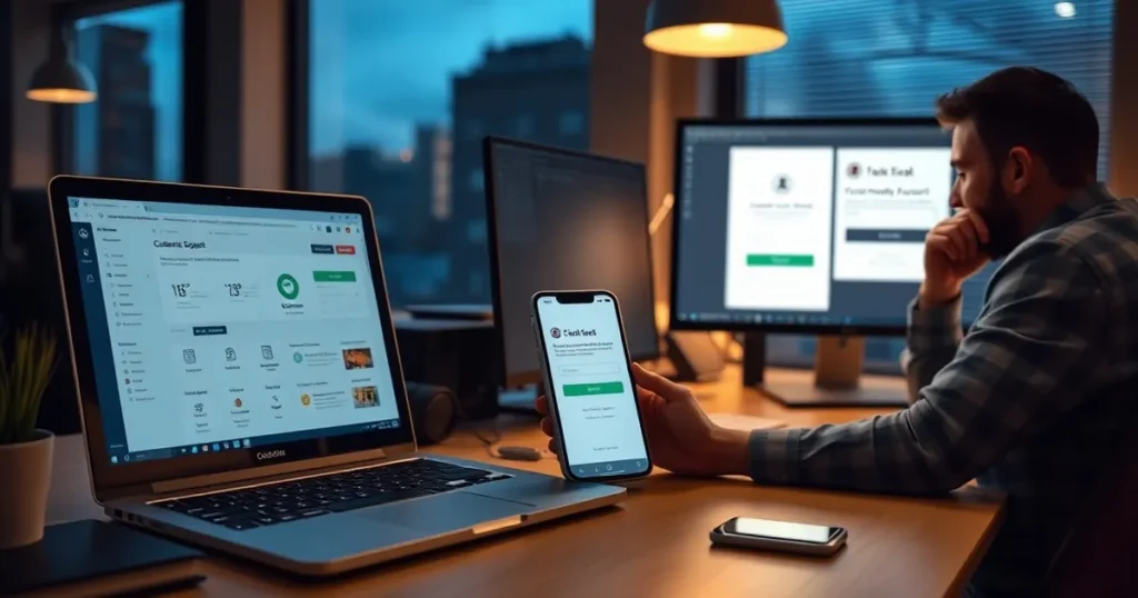 AI support bot security warning on a laptop beside a phone showing an Instagram login screen