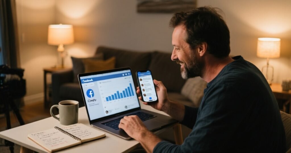 Creator reviewing Facebook analytics on a laptop in a bright home studio — AI automation Calgary for content work