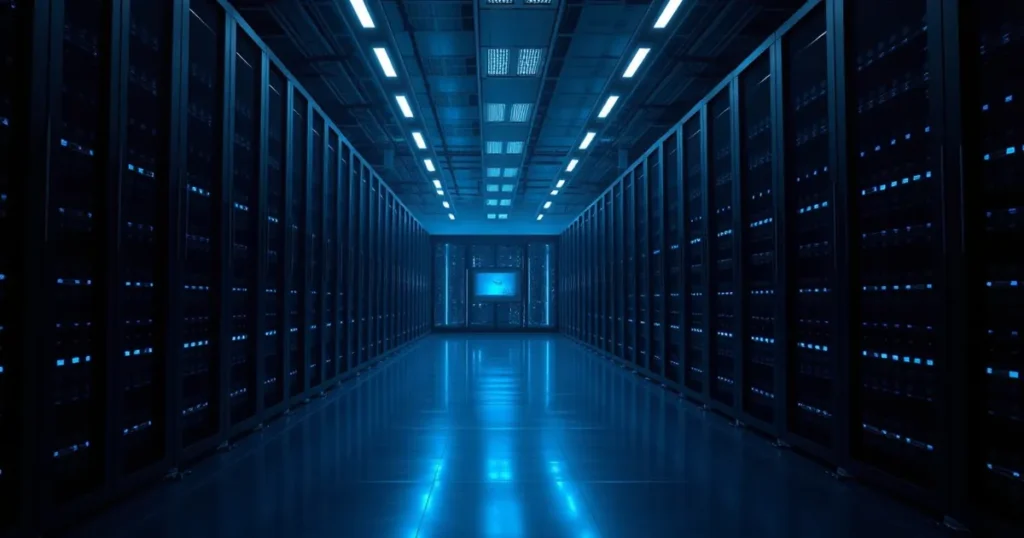 Server racks in a dim Calgary data centre with blue status lights — AI automation Calgary for secure workflows