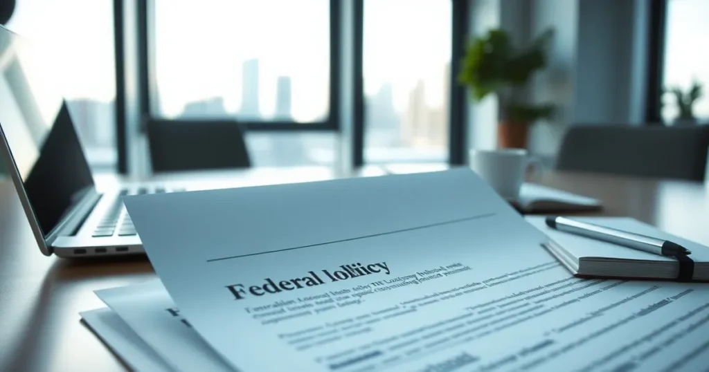 Federal policy papers beside a laptop on a desk in a Calgary office — AI automation Calgary for local firms