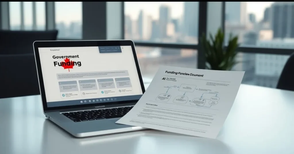 Modern Calgary office desk with laptop and funding documents — AI automation Calgary for local firms