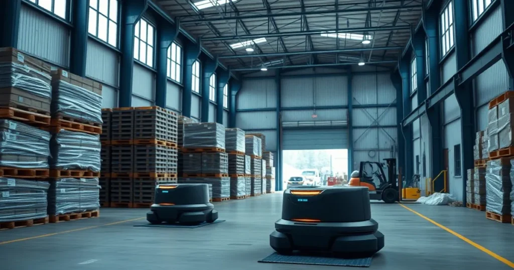 Warehouse robots and stacked shipping pallets in a Calgary industrial bay — AI automation Calgary for local firms