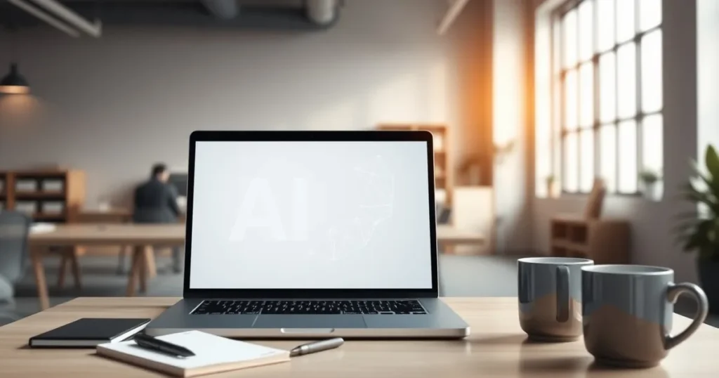 Laptop on a clean office desk beside a notebook and coffee — AI automation Calgary for modern work