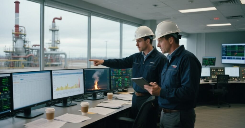 Engineers reviewing industrial sensor dashboards in a Calgary control room — AI automation Calgary in action