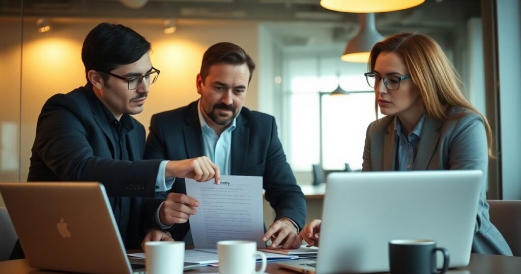 A Calgary office team reviewing printed policy notes beside a laptop — AI automation Calgary in a real meeting room