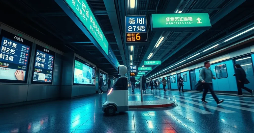 Subway platform screens and a small delivery robot in downtown Seoul — AI automation Calgary lesson for local firms