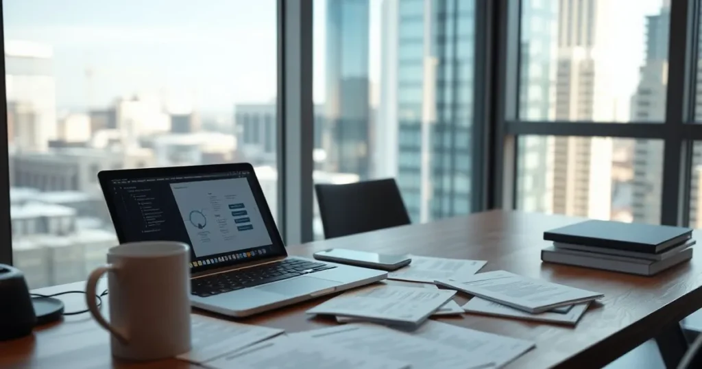 Laptop on a desk beside printed workflow charts in a Calgary office — AI automation Calgary for local firms