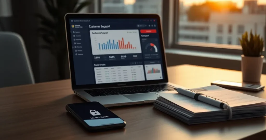 A laptop on a desk beside a locked phone and support dashboard, showing AI automation Calgary risk in a quiet office
