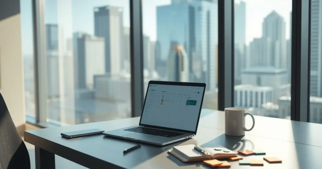 A Calgary office desk with a laptop, notebook, and coffee beside a window — AI automation Calgary for local firms